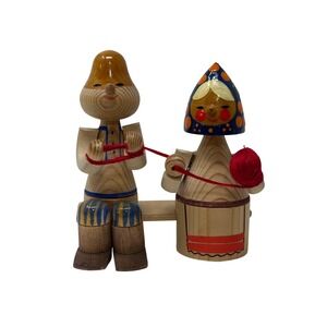 Vintage Russian Carved Wood Figurine Old Couple Knitting Soviet Folk Art 1980s